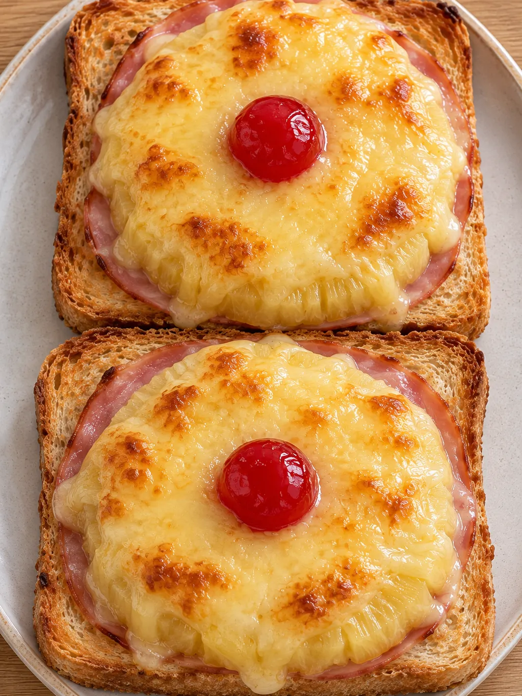 Zwei knusprige Toast Hawaii mit goldgelbem Gouda und roten Cocktailkirschen