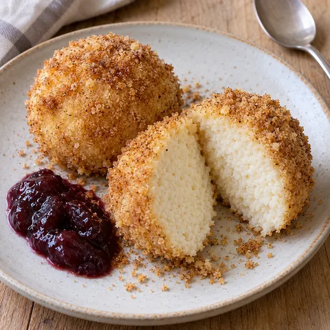 Topfenknödel mit goldenen Butterbröseln, weißem Quarkkern und Pflaumenmus