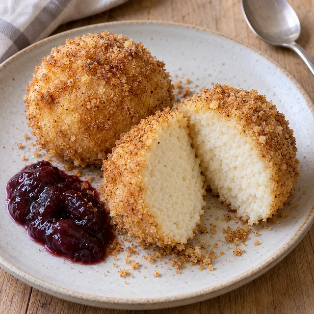 Topfenknödel mit goldenen Butterbröseln, weißem Quarkkern und Pflaumenmus