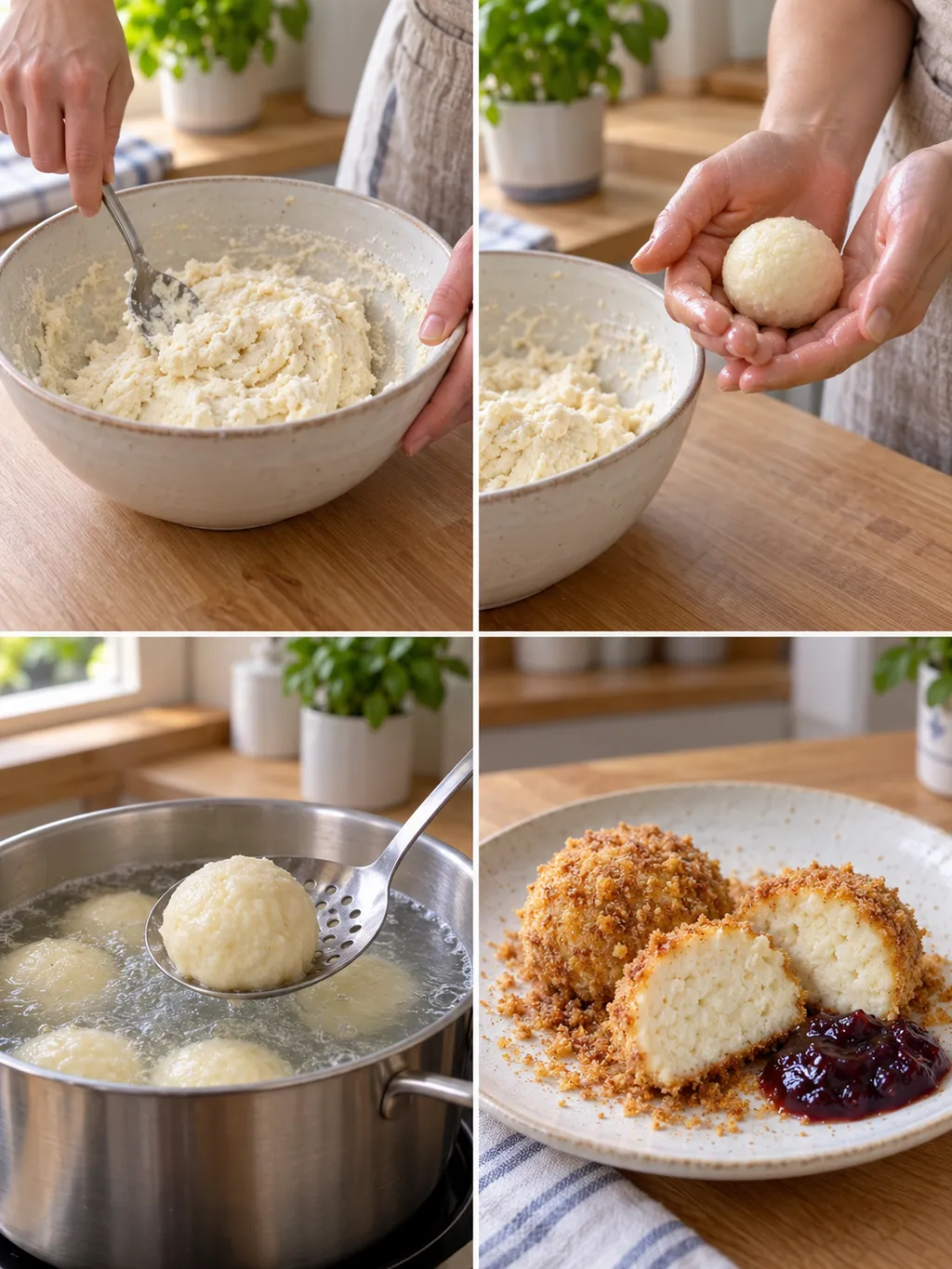 Quarkteig anrühren, Knödel formen und garen sowie mit Butterbröseln servieren