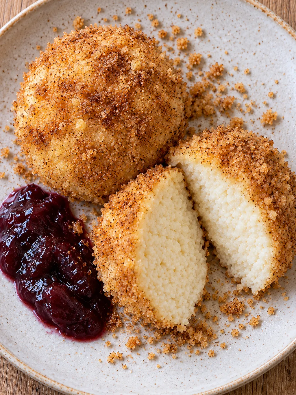 Goldene Topfenknödel mit zartem Quarkkern und einem Klecks Pflaumenmus
