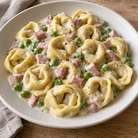 Tortellini in cremiger Sahnesoße mit Schinkenwürfeln und grünen Erbsen