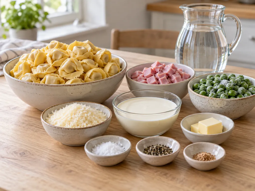 Käsetortellini, Kochschinken, Erbsen, Sahne, Butter, Parmesan und Gewürze