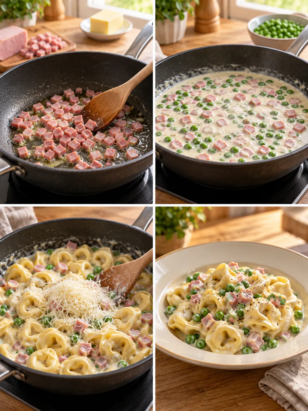 Schinken anschwitzen, Erbsen garen, Tortellini unterheben und das fertige Gericht