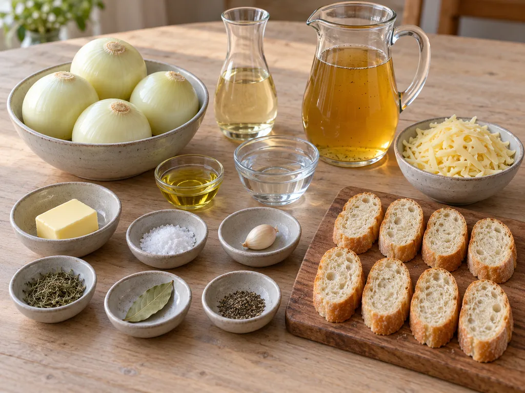 Zwiebeln, Gemüsebrühe, Weißwein, Baguette und Emmentaler für überbackene Zwiebelsuppe