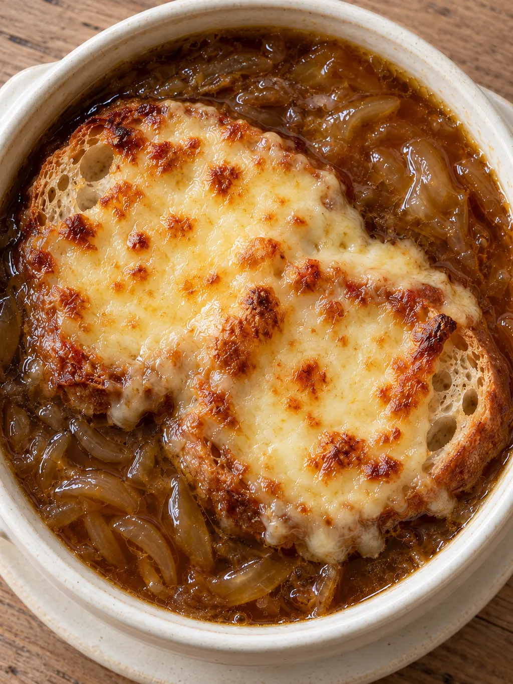 Zwiebelsuppe mit goldbrauner Käsehaube und knusprigen Baguetterändern