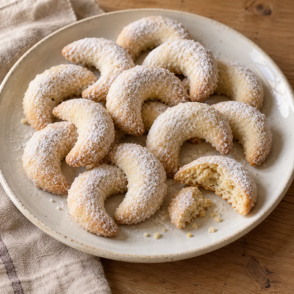Vanillekipferl mit feiner Zuckerhülle und heller Mandelkrume auf einem Keramikteller