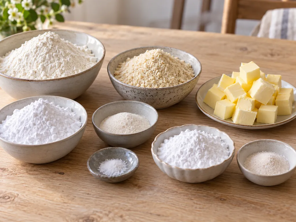 Mehl, gemahlene Mandeln, Butter, Puderzucker, Vanillezucker und Salz für Vanillekipferl