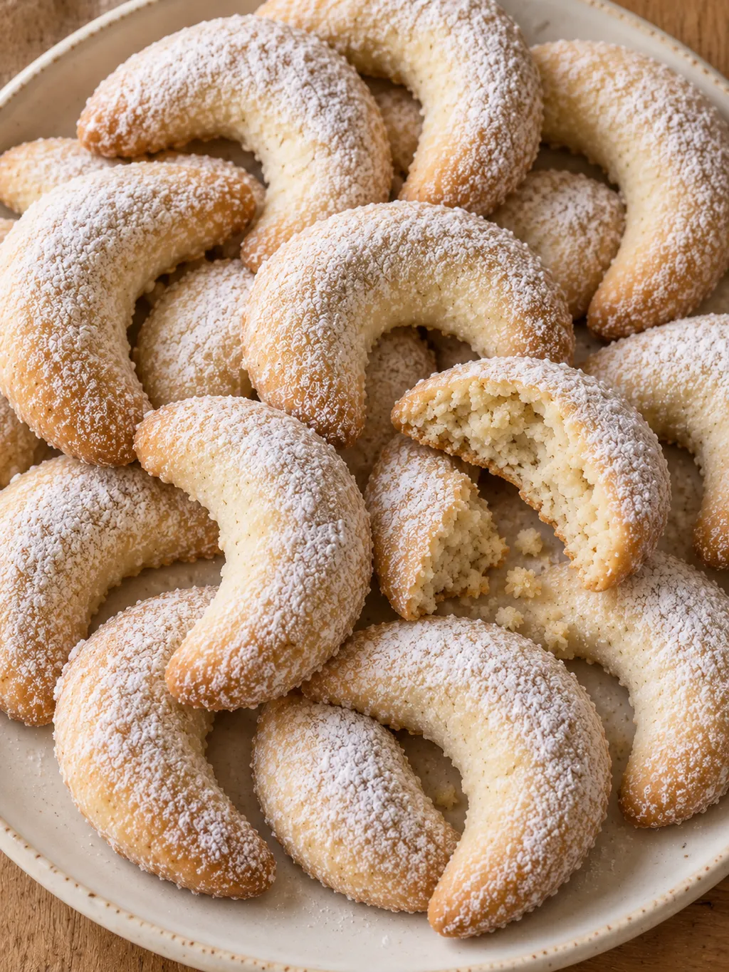 Gezuckerte Vanillekipferl mit goldgelben Rändern und einem aufgebrochenen Stück