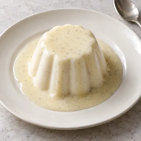Gestürzter heller Vanillepudding mit Vanillepunkten und fließender Vanillesoße