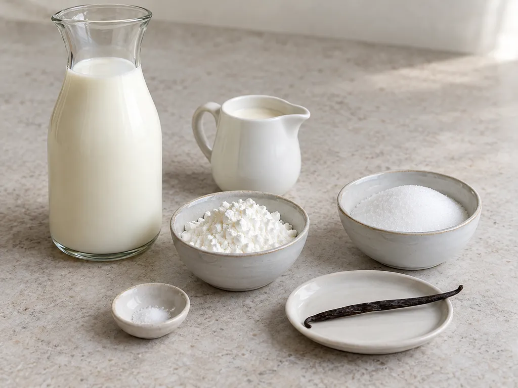 Milch, Sahne, Maisstärke, Zucker, Salz und eine Vanilleschote für das Dessert