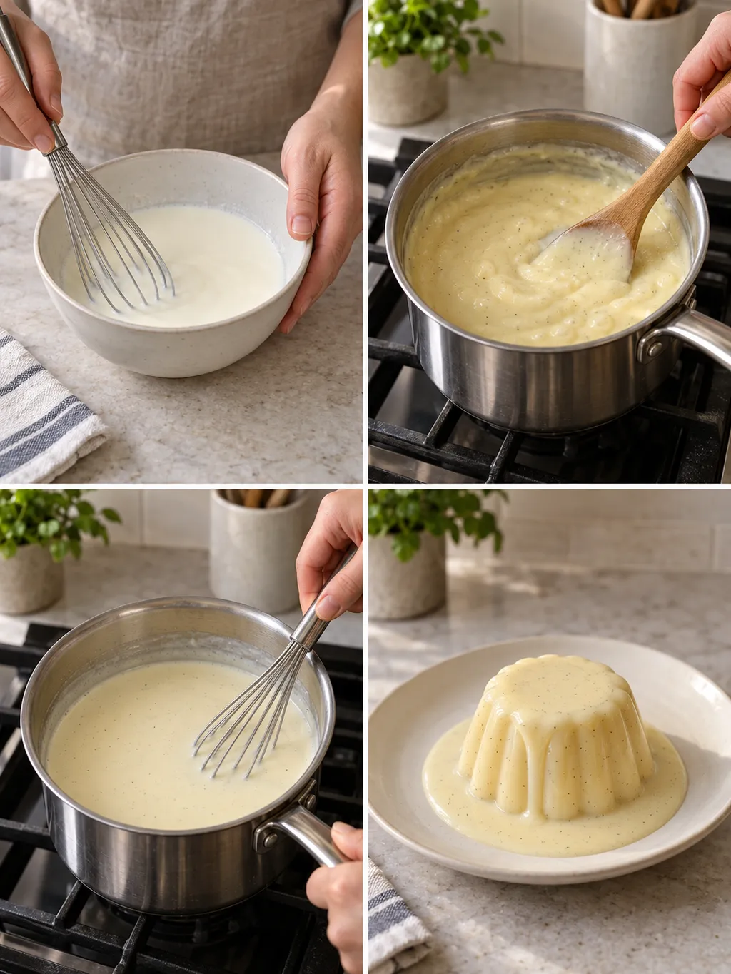 Stärke anrühren, Pudding und Soße kochen sowie fertig angerichteter Vanillepudding