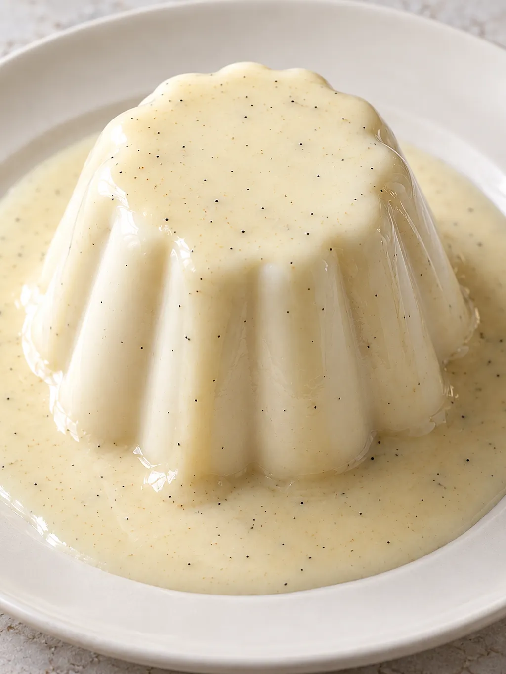 Gerillter Vanillepudding mit heller Vanillesoße auf einem Keramikteller