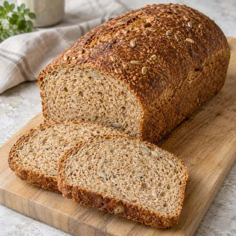 Vollkornbrot mit brauner Kruste und zwei Scheiben mit Sonnenblumenkernen
