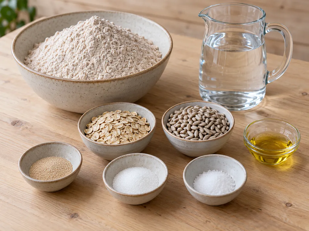 Vollkornmehl, Haferflocken, Sonnenblumenkerne, Hefe, Zucker, Salz, Wasser und Rapsöl