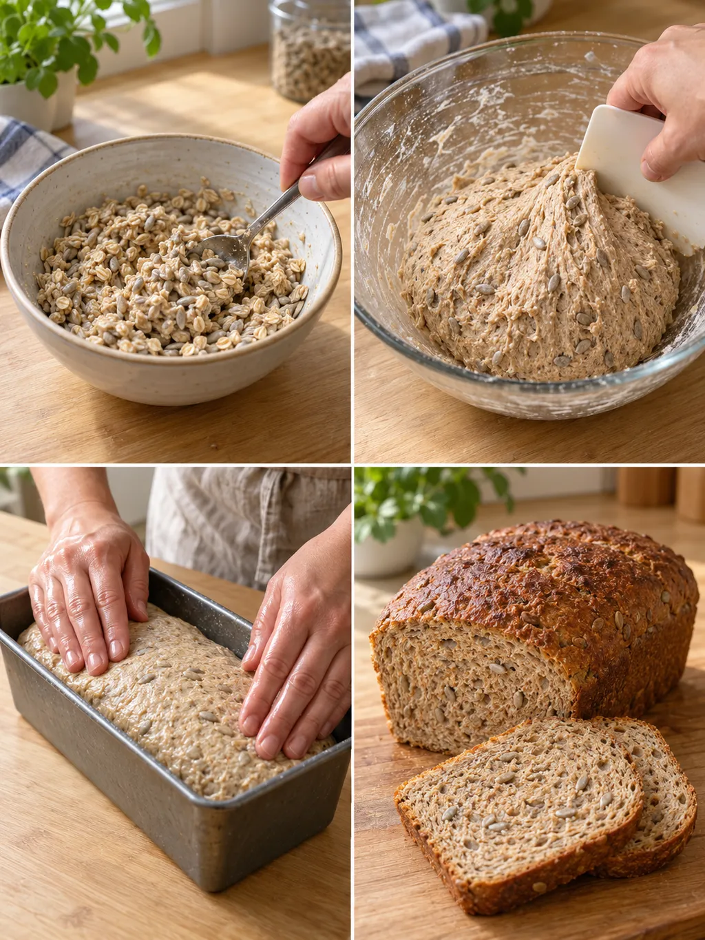 Quellstück, Vollkornteig, Teig in der Kastenform und fertig geschnittenes Vollkornbrot