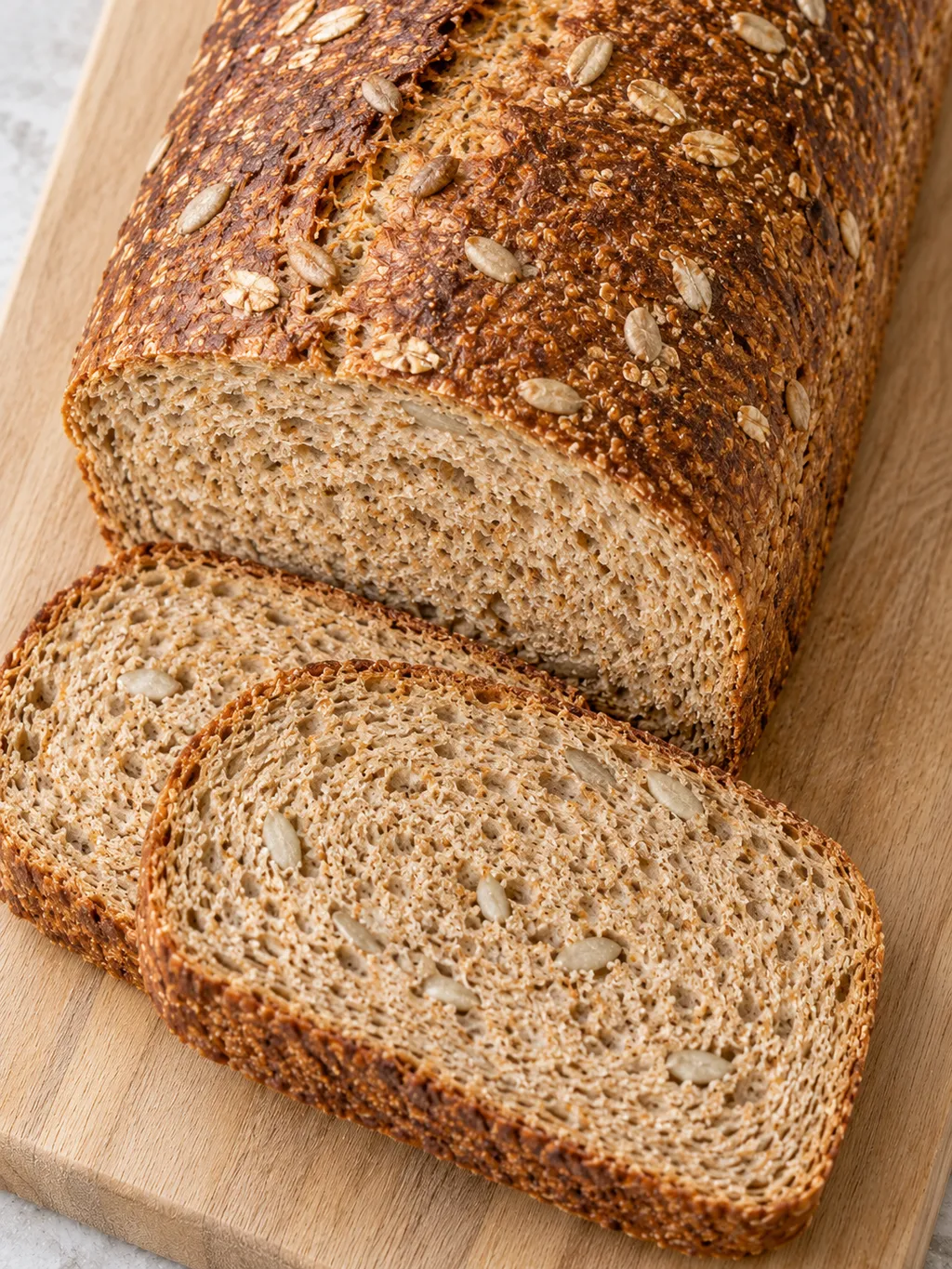 Geschnittenes Vollkornbrot mit feinporiger Krume und Sonnenblumenkernen auf einem Holzbrett