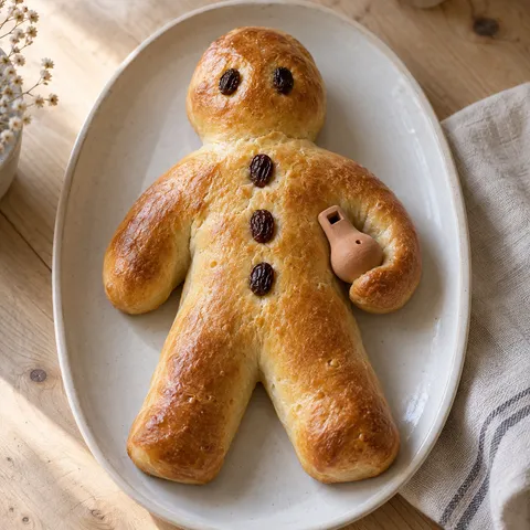 Goldbrauner Weckmann mit Rosinenaugen, drei Rosinenknöpfen und Tonpfeife