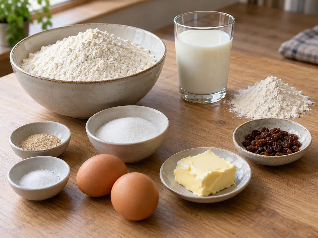 Mehl, Milch, Hefe, Zucker, Salz, zwei Eier, Butter und Rosinen für Weckmänner