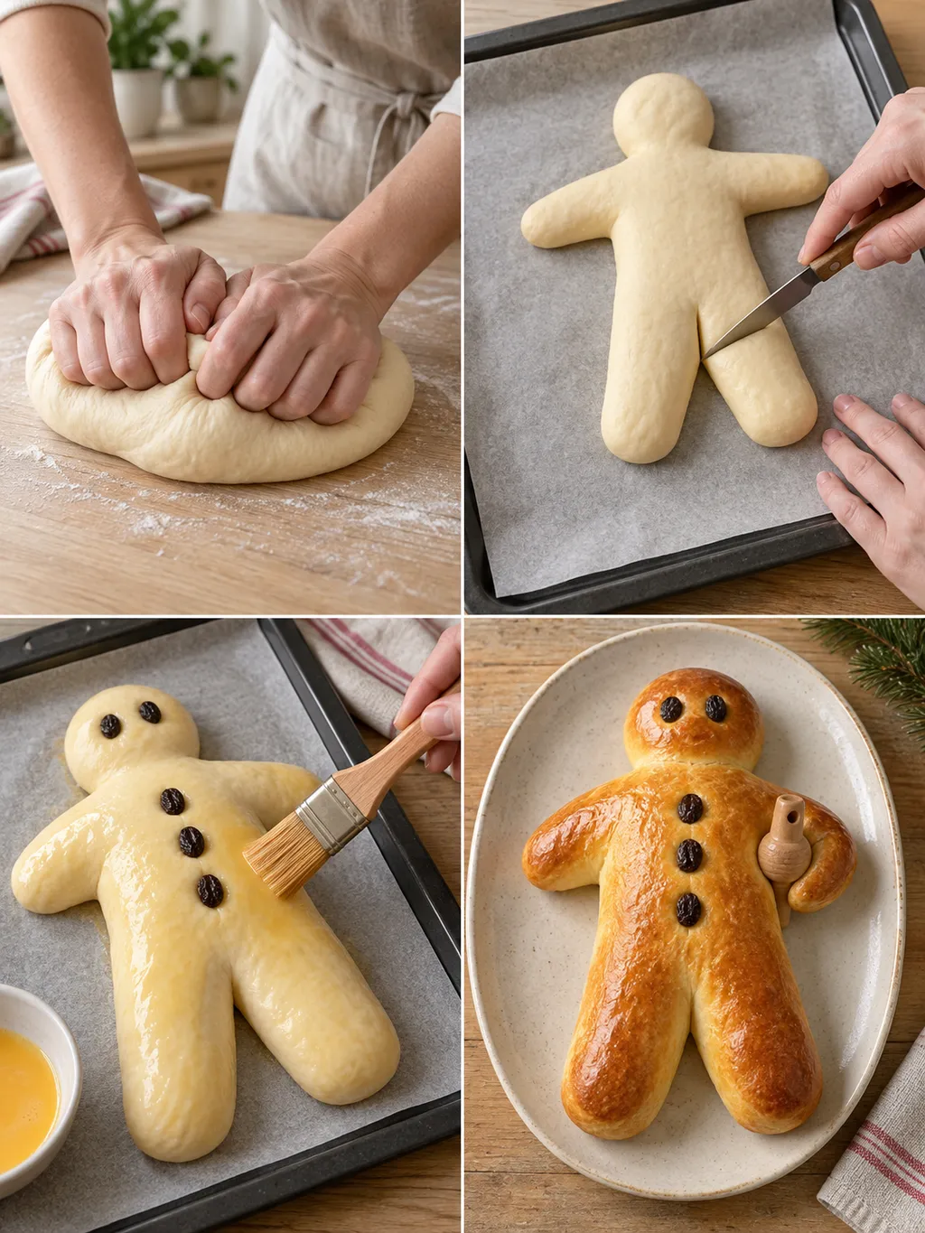 Weckmann beim Kneten, Formen, Bestreichen und fertig gebacken mit Tonpfeife