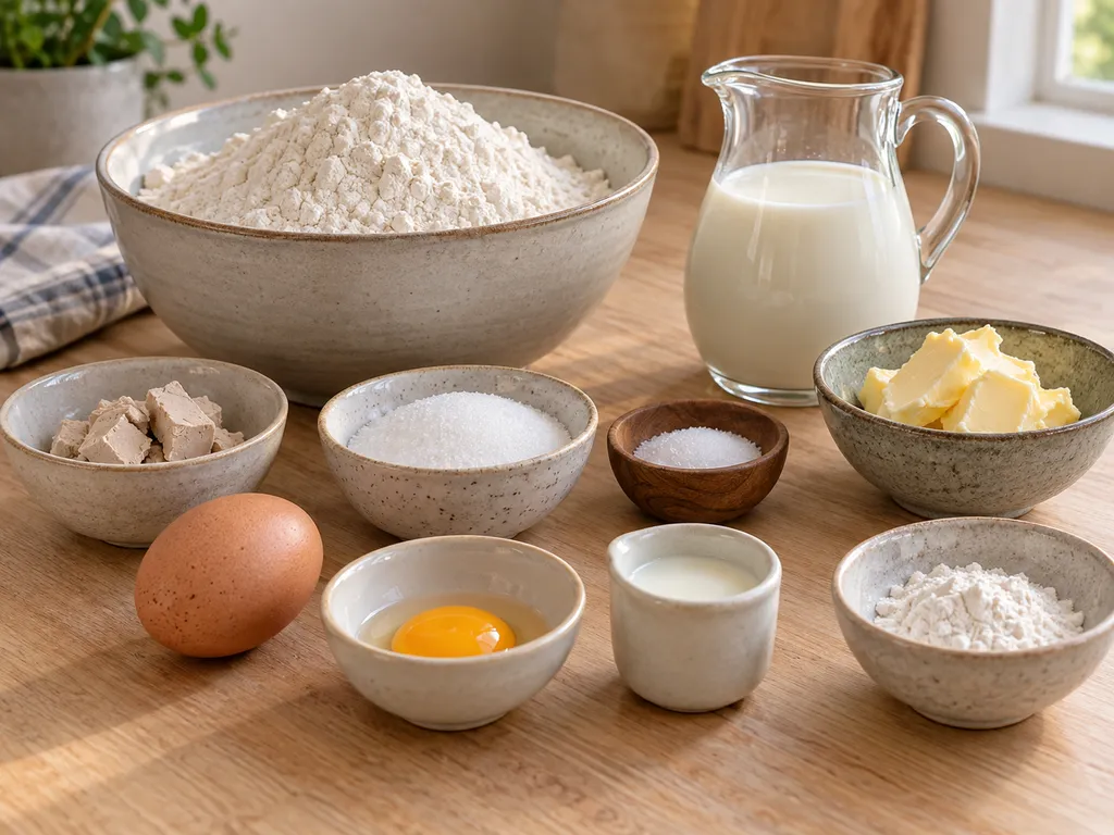 Mehl, Milch, Hefe, Zucker, Butter, Ei und Eigelb für weiche Milchbrötchen
