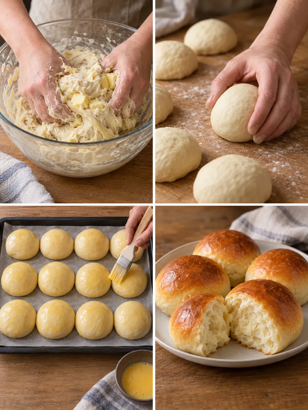 Milchbrötchen beim Kneten, Rundformen und Bestreichen sowie fertig gebacken auf dem Teller