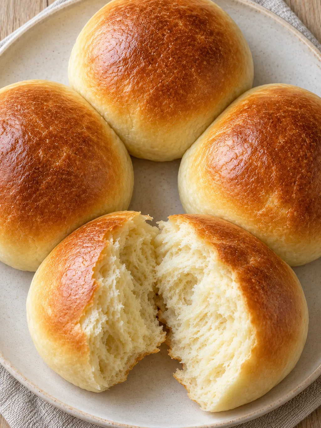 Weiche Milchbrötchen mit goldbrauner Oberfläche und heller, zarter Krume