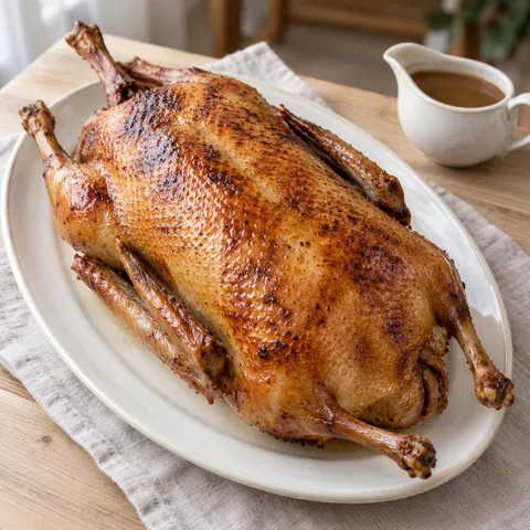 Goldbraune Weihnachtsgans auf einer ovalen Platte mit brauner Bratensoße