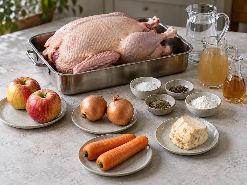Rohe Gans mit Äpfeln, Zwiebeln, Wurzelgemüse und Zutaten für die Bratensoße
