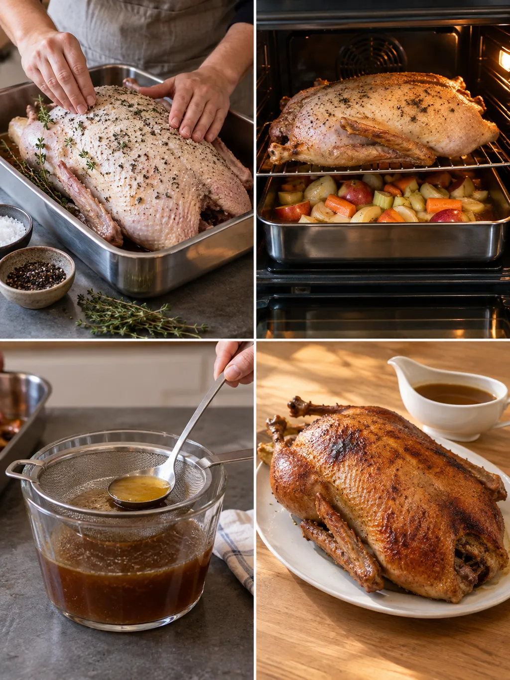Weihnachtsgans beim Würzen, im Ofen, mit entfettetem Bratensaft und fertig serviert