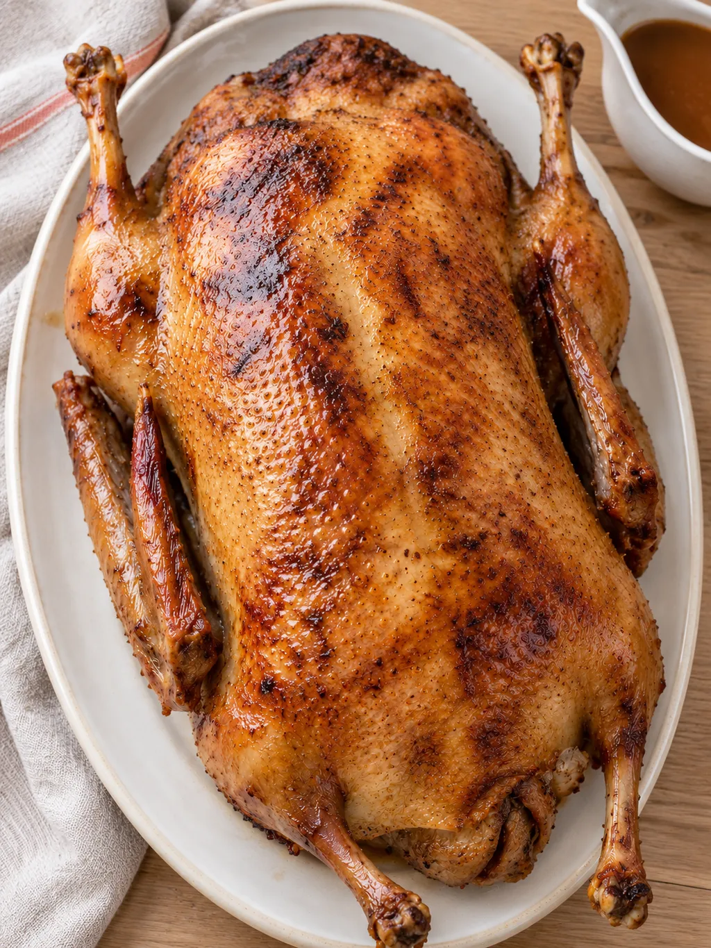 Knusprige Weihnachtsgans mit goldbrauner Haut und kräftiger Bratensoße
