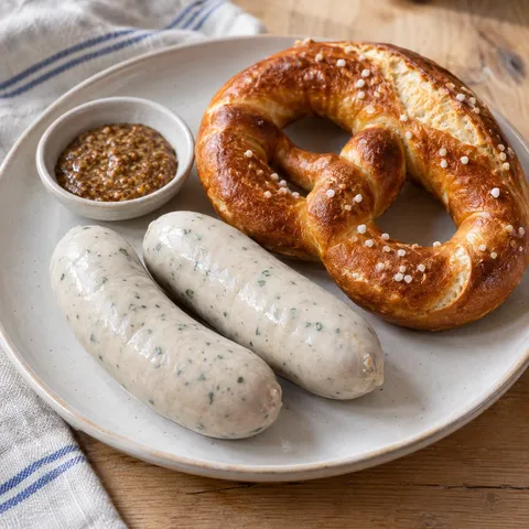 Zwei Weißwürste mit goldbrauner Brezn und süßem Senf auf einem hellen Teller