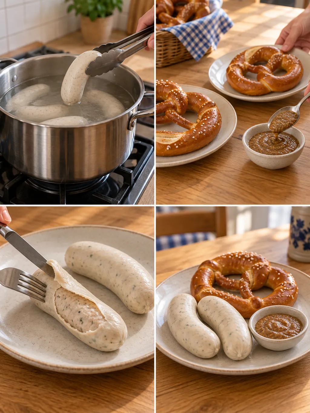 Weißwürste im Wasserbad, Brezn und Senf, Pellen der Wurst und fertig serviertes Frühstück