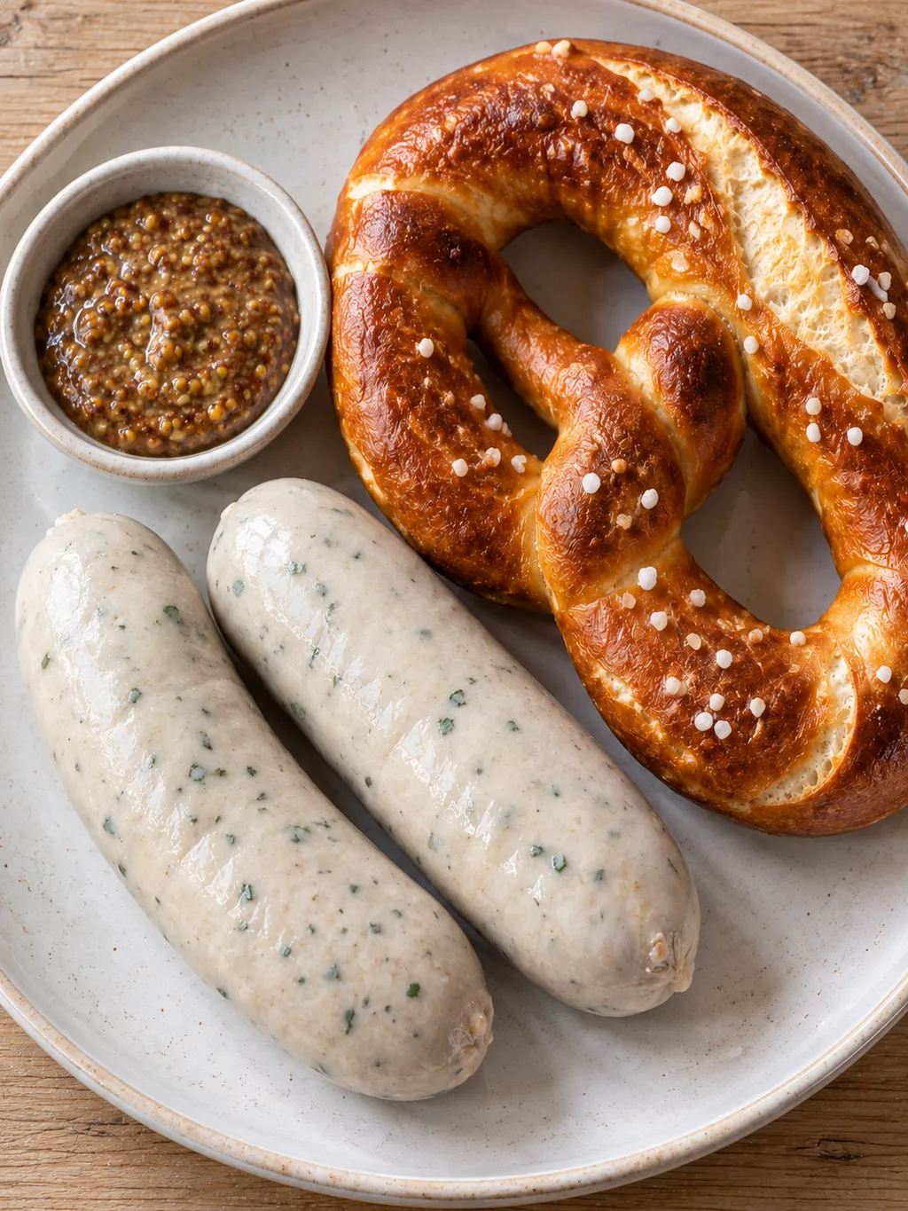 Weißwurstfrühstück mit zwei Weißwürsten, Brezn und körnigem süßem Senf