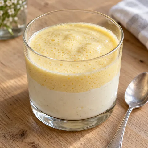 Welfenspeise im Glas mit weißer Vanillecreme und gelbem Weinschaum