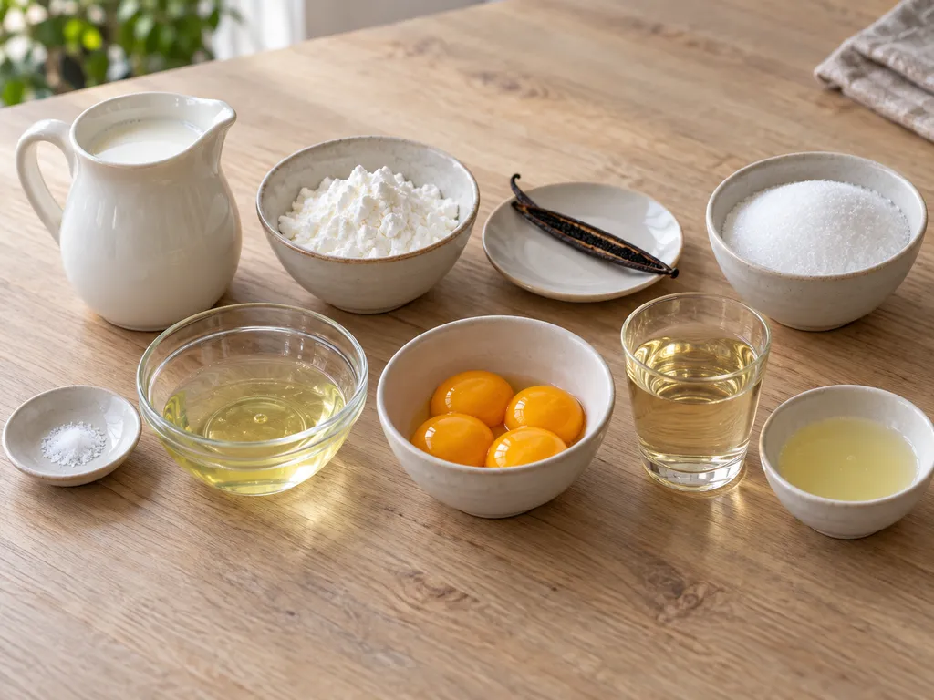 Milch, Vanille, Stärke, Zucker, Eiweiß, Eigelb, Weißwein und Zitronensaft für Welfenspeise