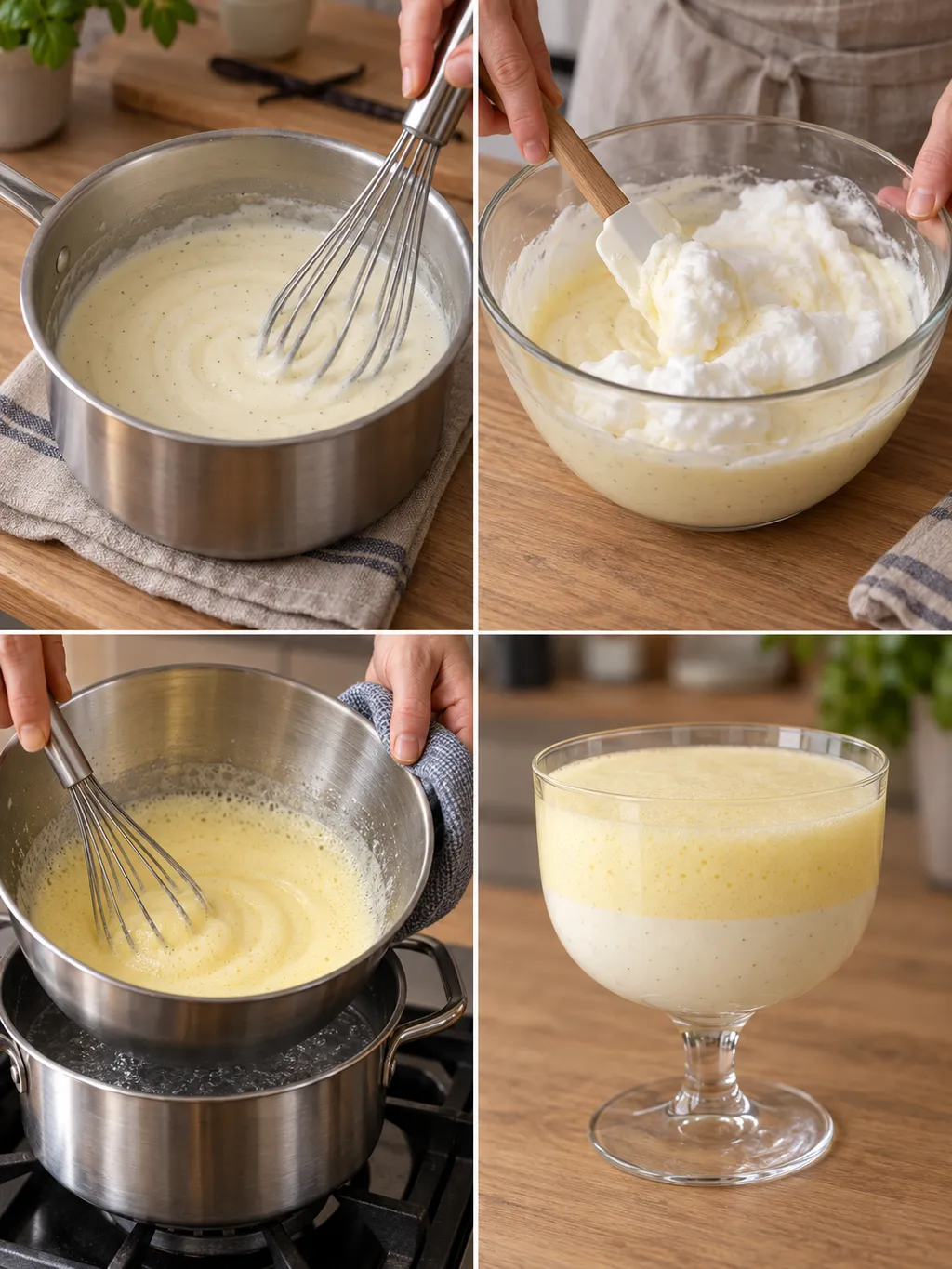 Vanillecreme kochen, Eischnee unterheben, Weinschaum schlagen und fertige Welfenspeise