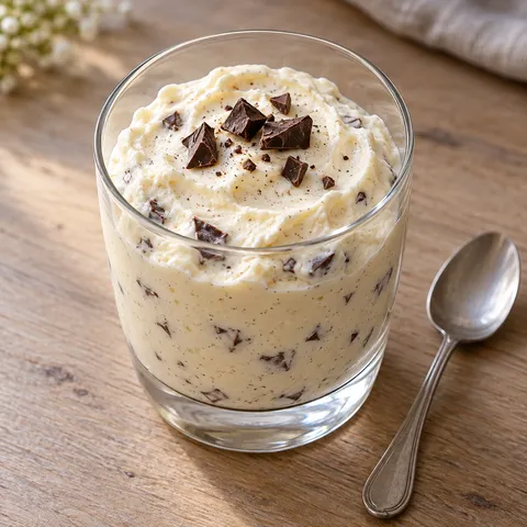Herrencreme im Glas mit Vanillepunkten und gehackter Zartbitterschokolade