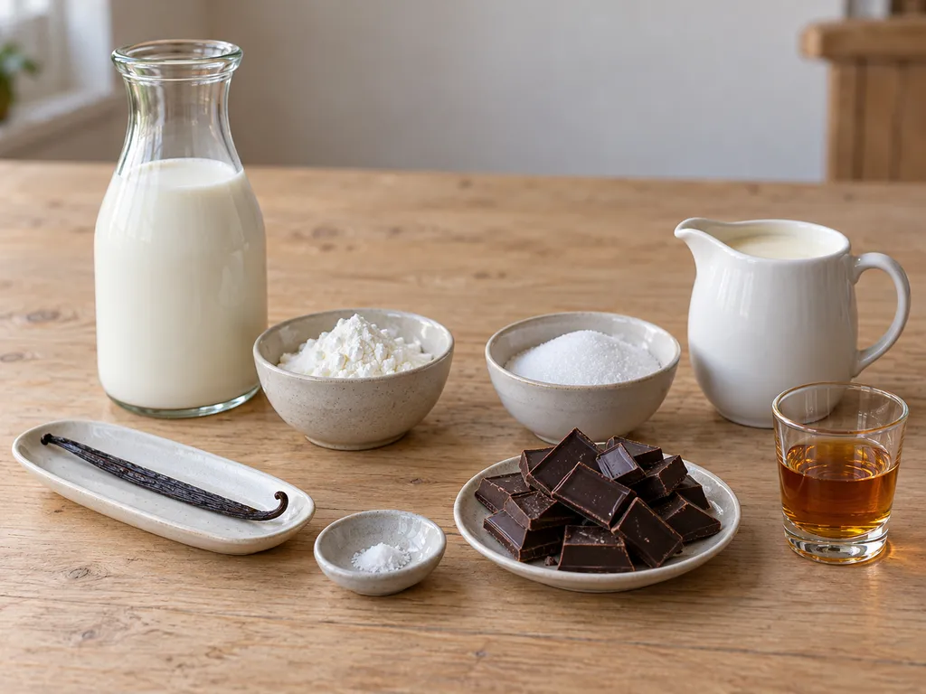 Milch, Stärke, Vanille, Zucker, Salz, Schokolade, Sahne und Rum für Herrencreme