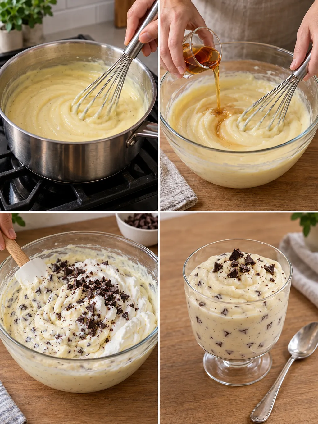 Pudding kochen, Rum einrühren, Sahne unterheben und Herrencreme im Glas servieren