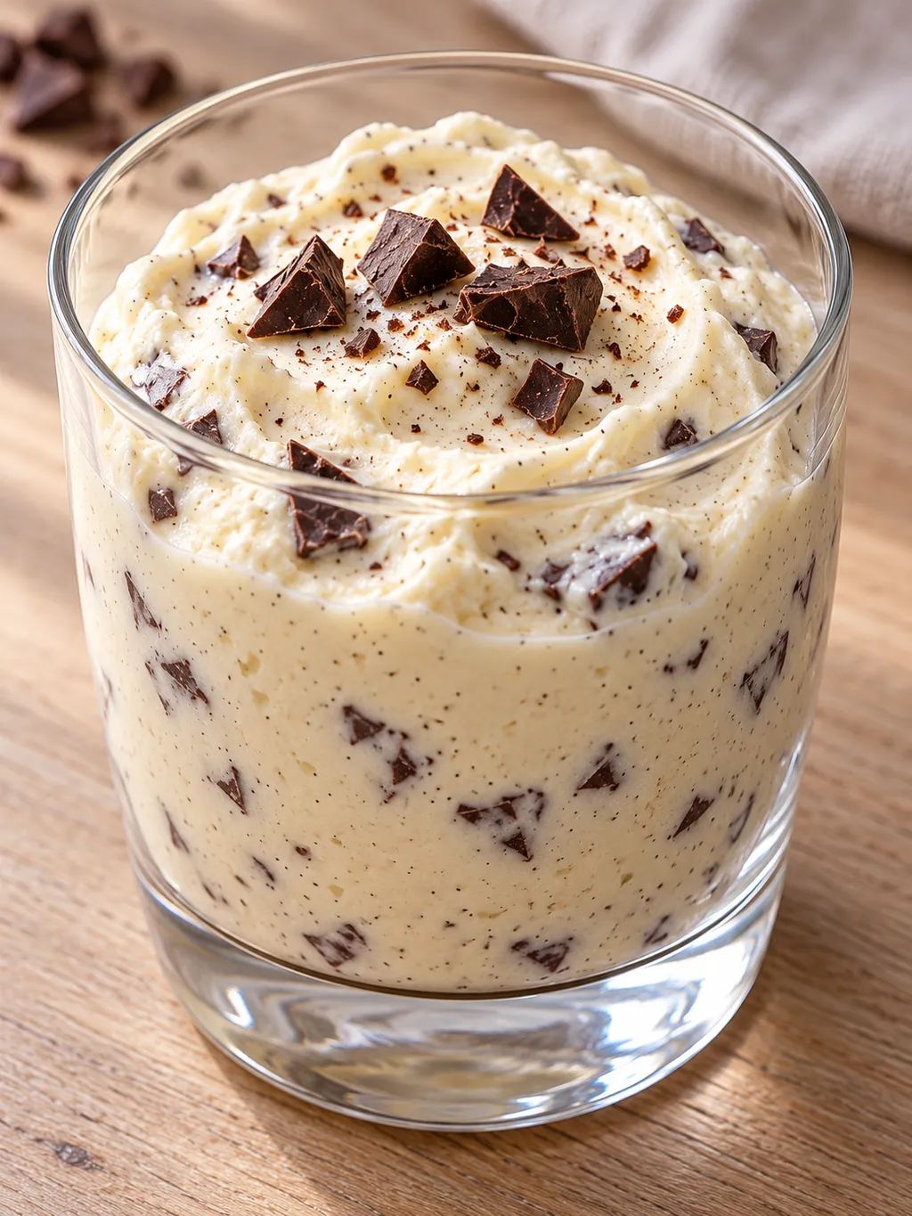 Luftige Herrencreme mit dunklen Schokoladenstückchen in einem Dessertglas