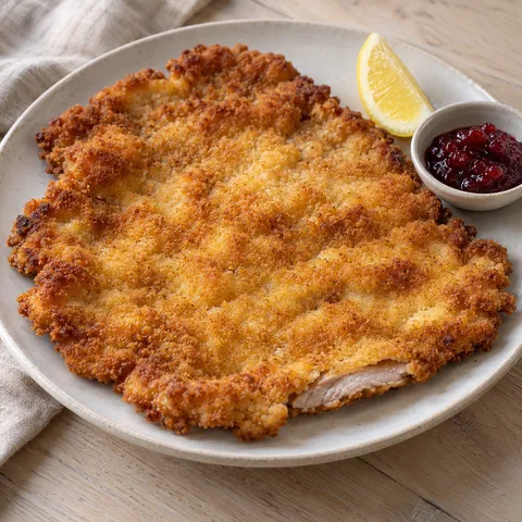 Wiener Schnitzel mit gewellter goldbrauner Panade, Zitronenspalte und Preiselbeeren