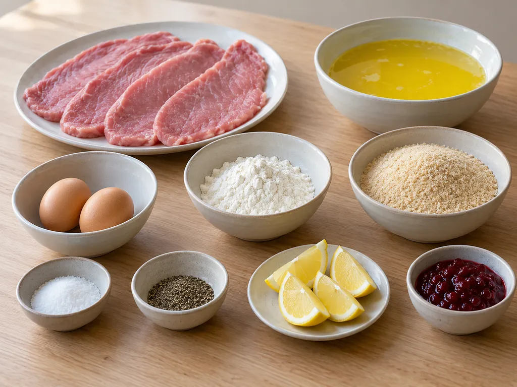 Kalbsschnitzel, Mehl, Eier, Semmelbrösel, Butterschmalz, Gewürze, Zitrone und Preiselbeeren