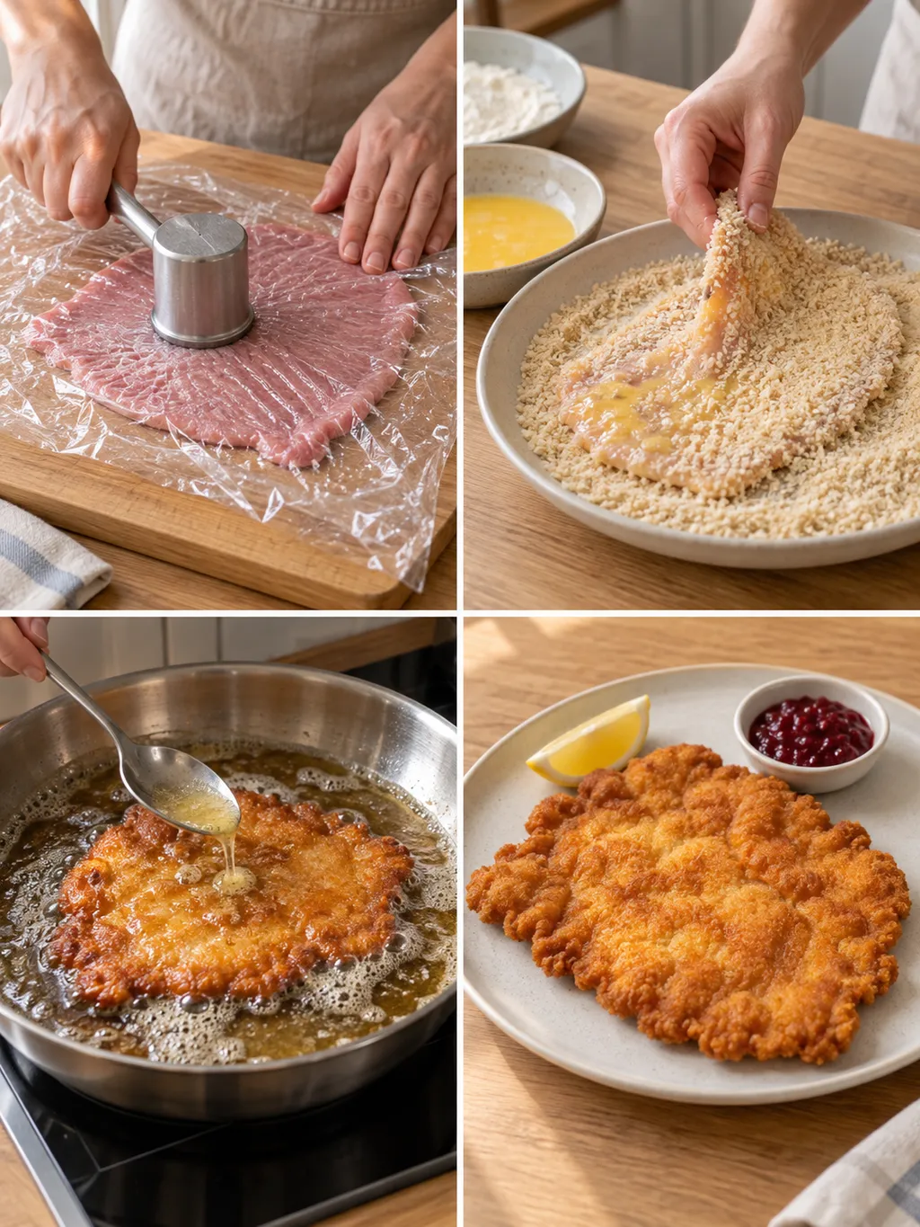 Kalbsschnitzel beim Klopfen, Panieren und Ausbacken sowie fertig mit Zitrone und Preiselbeeren