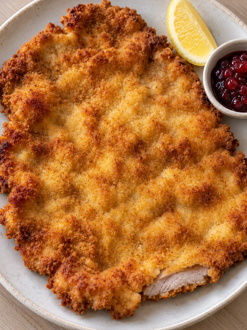 Goldbraunes Wiener Schnitzel mit lockerer Bröselkruste, Zitrone und Preiselbeerkompott