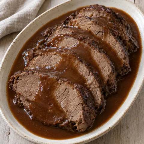 Wildschweinbraten in Scheiben mit dunkelbrauner Rotweinsoße auf einer hellen Platte