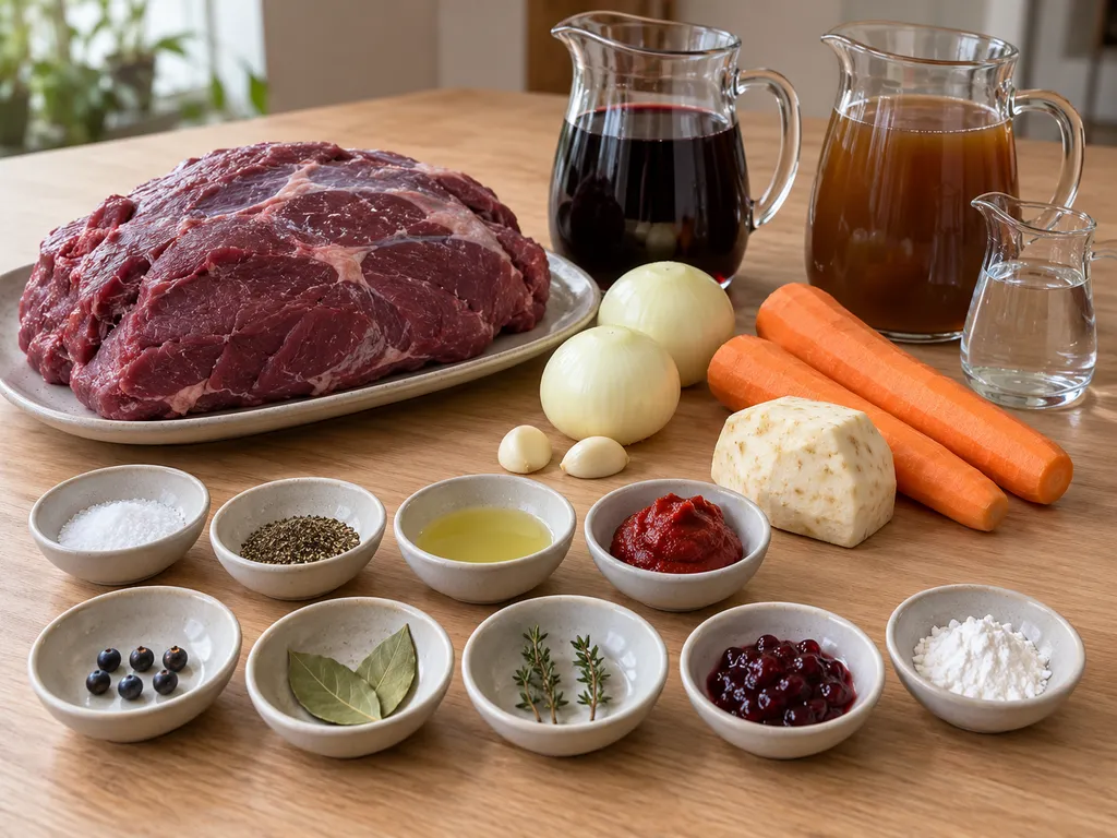 Wildschweinschulter mit Rotwein, Fond, Wurzelgemüse, Wacholder und Soßenzutaten