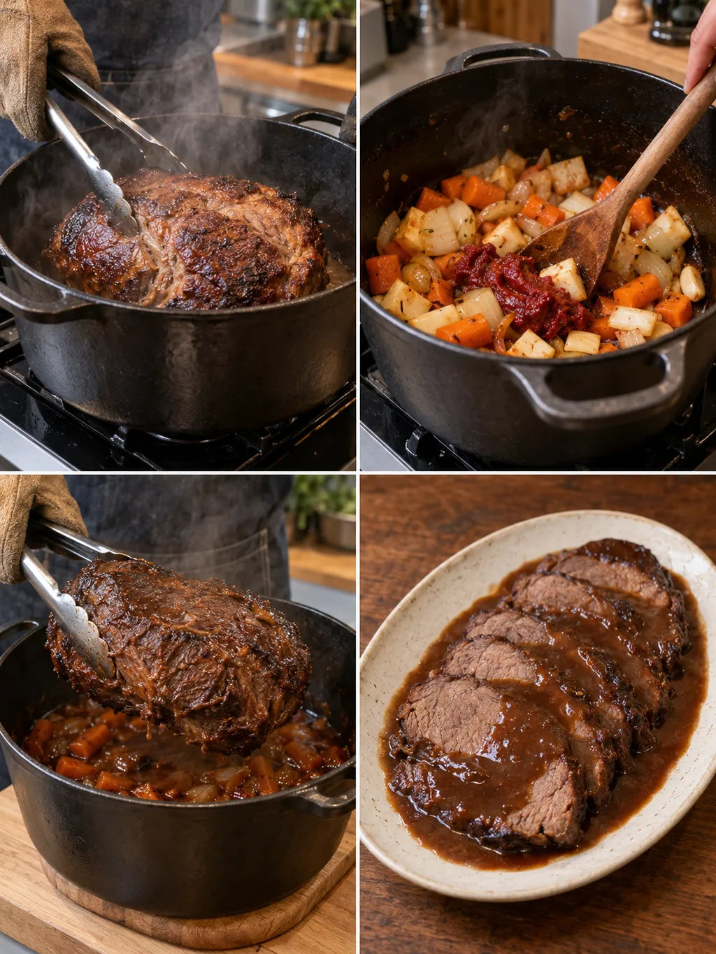 Wildschweinbraten beim Anbraten, Gemüse rösten, Herausheben und fertig mit Rotweinsoße