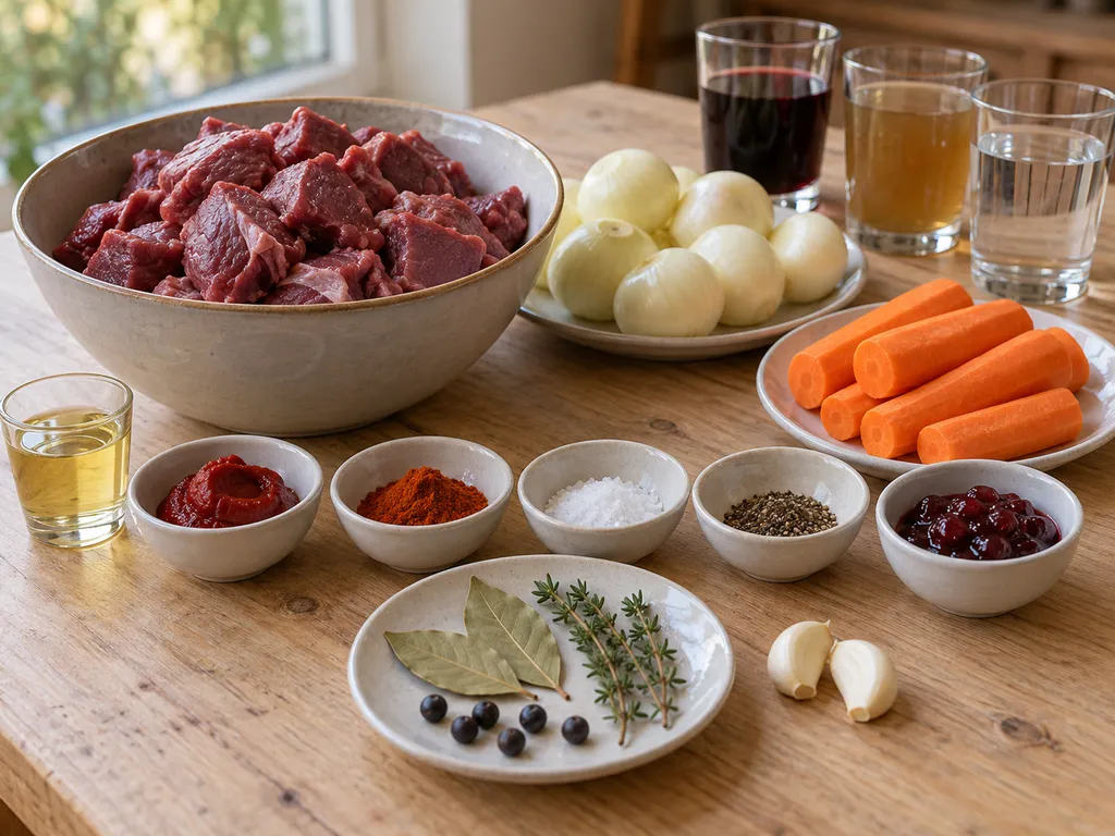 Wildschweinfleisch, Gemüse, Rotwein, Brühe und Gewürze für Wildschweingulasch