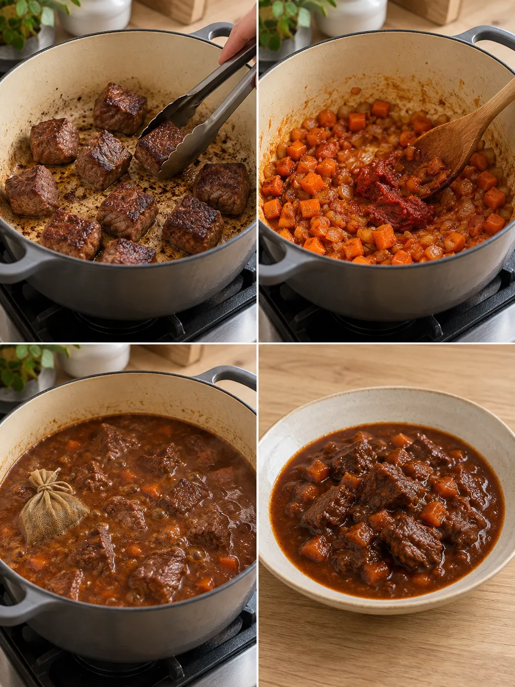 Fleisch anbraten, Gemüse rösten, Wildschweingulasch schmoren und fertig servieren
